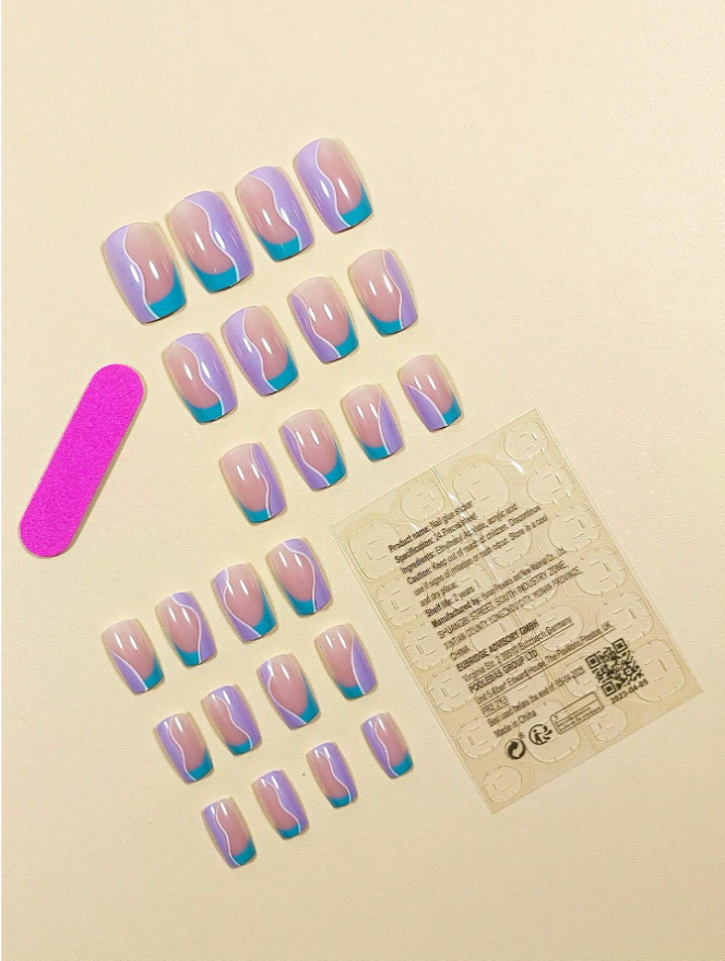 24pcs Short Square French Style Abstract Line Art Fake Nail