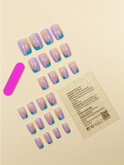24pcs Short Square French Style Abstract Line Art Fake Nail