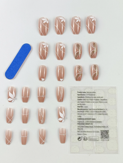 24pcs Romantic Long Coffin Floral Print Faux Pearl Decor Gold Line Art Full Cover Fake Nail