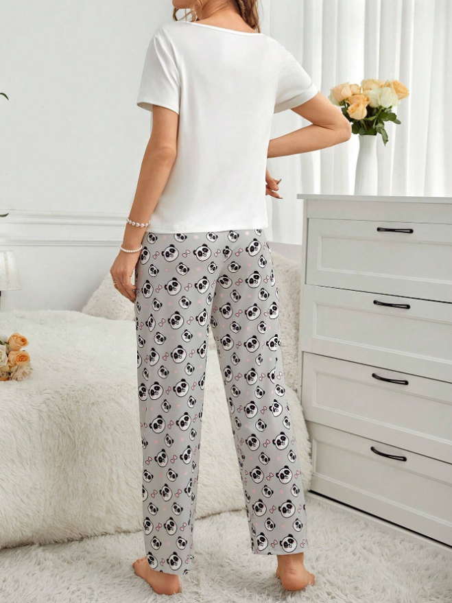 Cute Panda Design Women's Pajama Set (Grey)