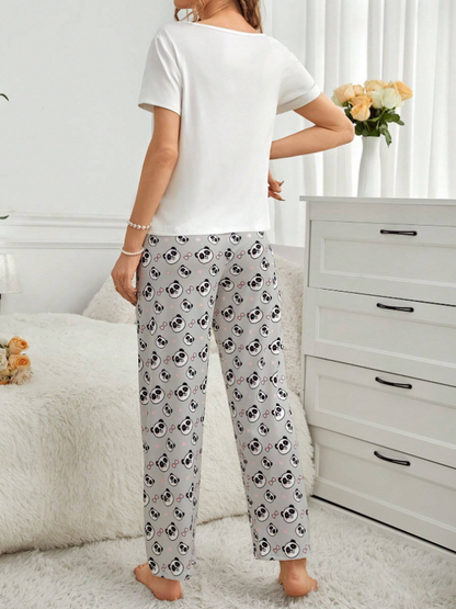 Cute Panda Design Women's Pajama Set (Grey)