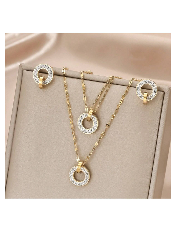 4pcs/Set Golden Stainless Steel Lips Chain & Cz Square & Circle Necklace & Bracelet & Earrings Combination Set