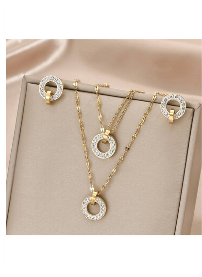 4pcs/Set Golden Stainless Steel Lips Chain & Cz Square & Circle Necklace & Bracelet & Earrings Combination Set