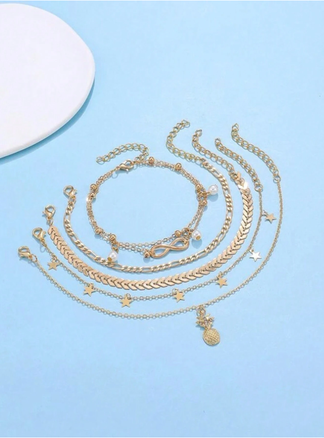 5pcs/Set Fashionable Gold Pineapple, Star & Pearl Anklet