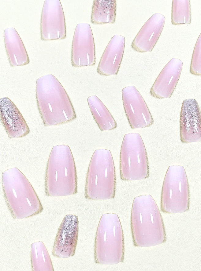  24pcs Short Square Shaped French Style Pink Ombre Glitter False Nails