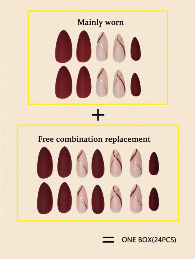 24pcs/Set Burgundy Matte False Nails With Gold Stripe