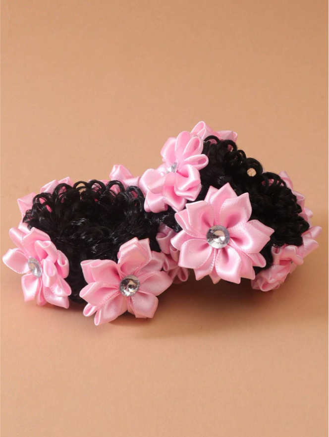 2pcs Girls' Back To School Cute Bun Hair Ties With Rhinestone & Flower Decoration