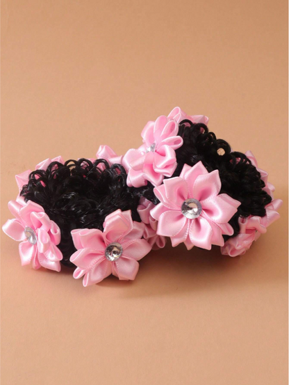 2pcs Girls' Back To School Cute Bun Hair Ties With Rhinestone & Flower Decoration