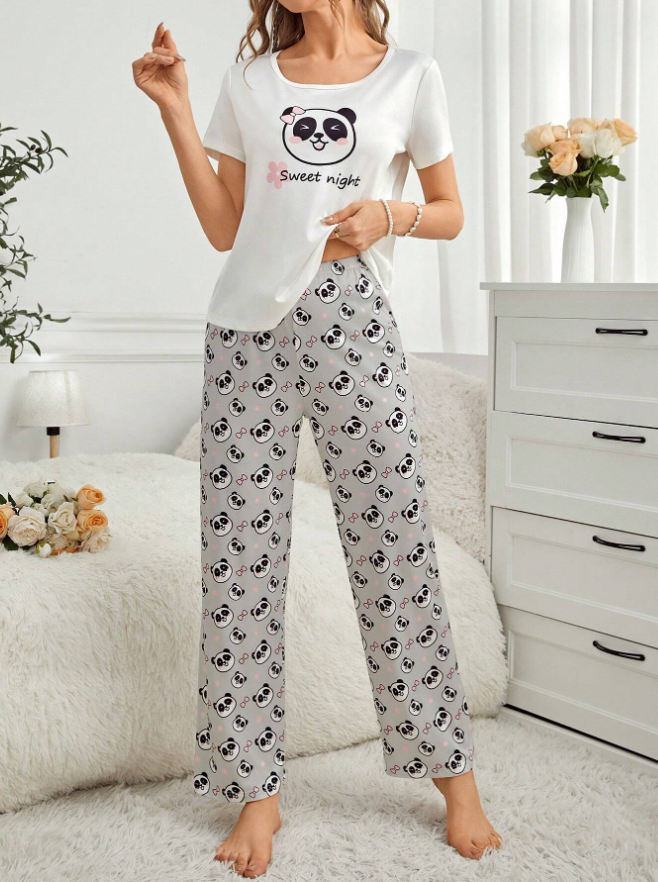 Cute Panda Design Women's Pajama Set (Grey)