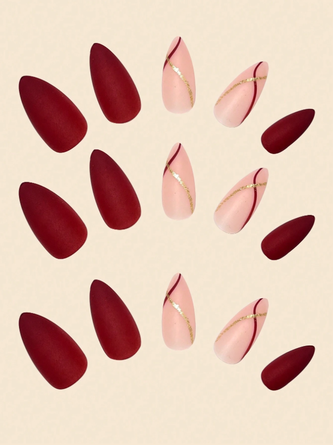 24pcs/Set Burgundy Matte False Nails With Gold Stripe