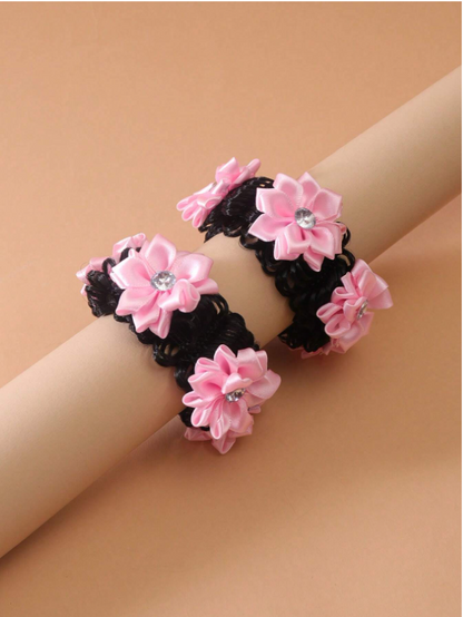 2pcs Girls' Back To School Cute Bun Hair Ties With Rhinestone & Flower Decoration