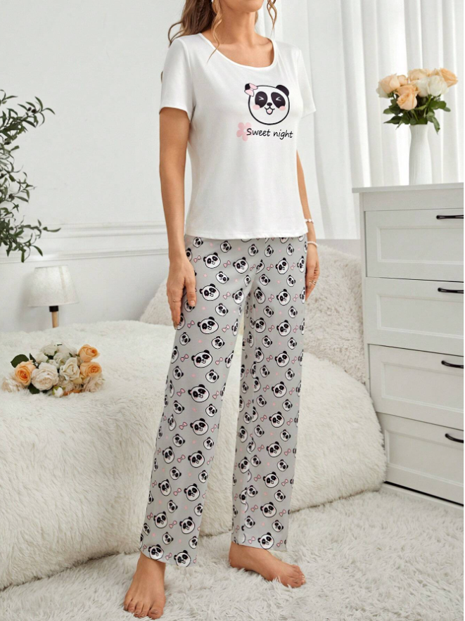 Cute Panda Design Women's Pajama Set (Grey)