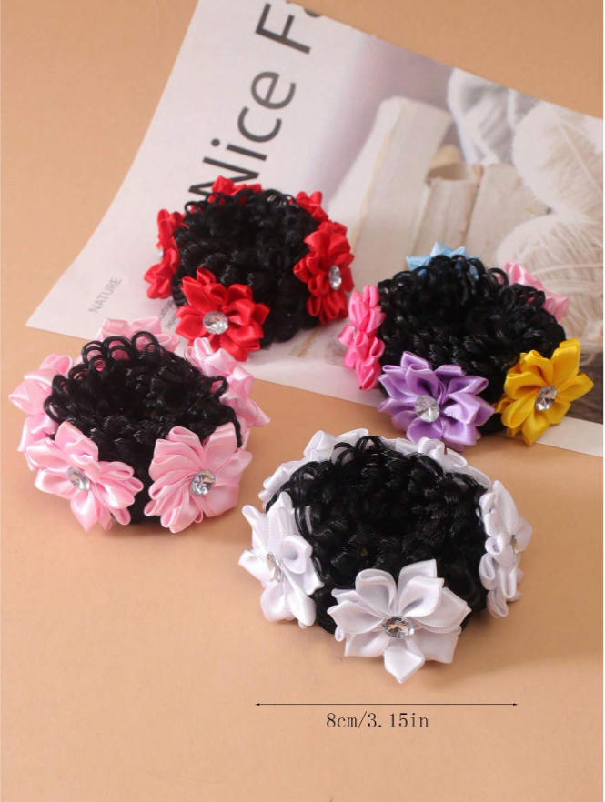 2pcs Girls' Back To School Cute Bun Hair Ties With Rhinestone & Flower Decoration