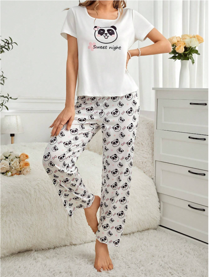 Cute Panda Design Women's Pajama Set (White)