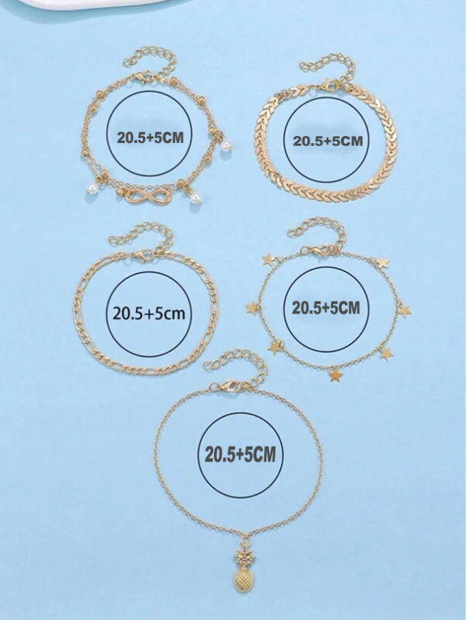 5pcs/Set Fashionable Gold Pineapple, Star & Pearl Anklet