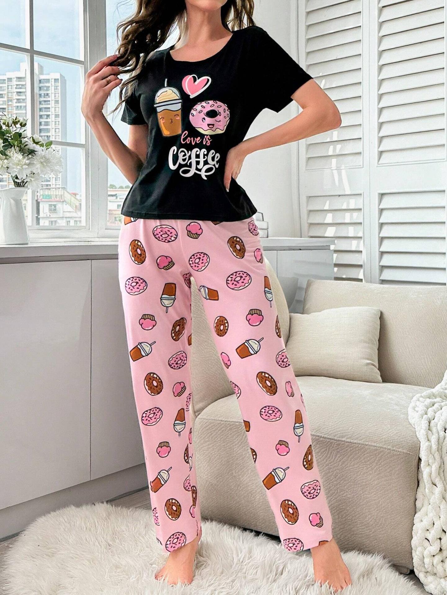 Donut & Slogan Graphic Tee & Pants PJ Set