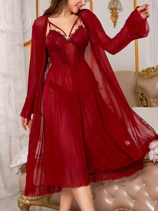Women's Red Lace Perspective Slip Dress And Robe Set
