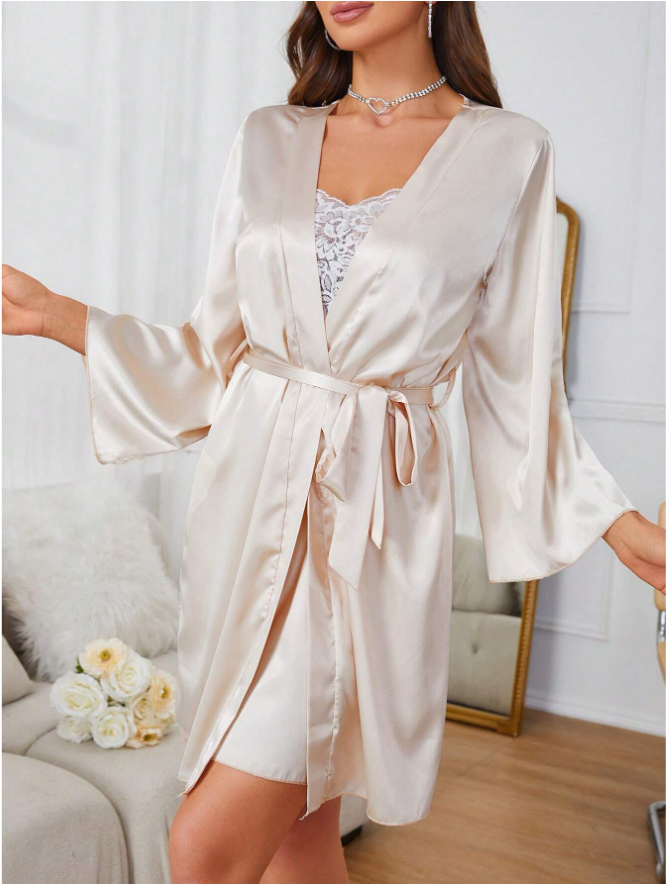 Standard Size Satin Cami Sleep Dress and Long Sleeve Robe Pajama Set