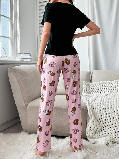 Donut & Slogan Graphic Tee & Pants PJ Set