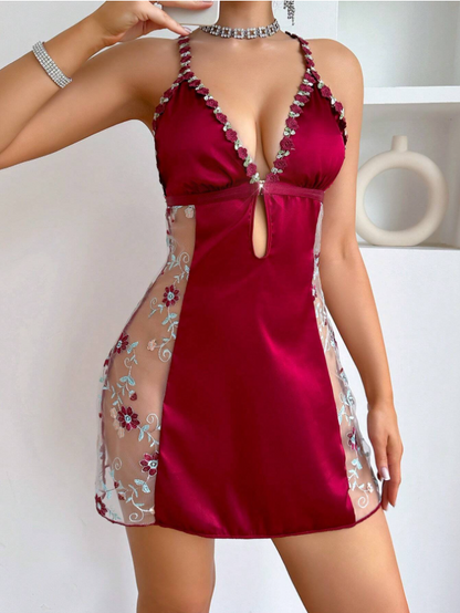 Women's Deep V-Neck Cross Back Sheer Embroidery Net Panel Sleep Dress