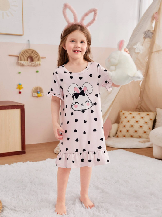 Toddler Girls Heart & Cartoon Graphic Ruffle Hem Nightdress