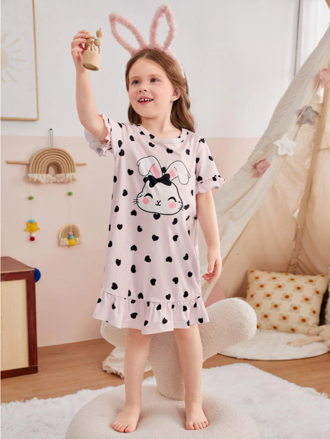 Toddler Girls Heart & Cartoon Graphic Ruffle Hem Nightdress