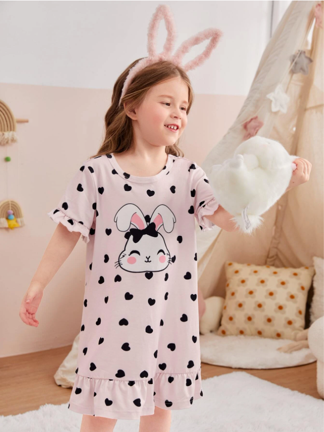 Toddler Girls Heart & Cartoon Graphic Ruffle Hem Nightdress