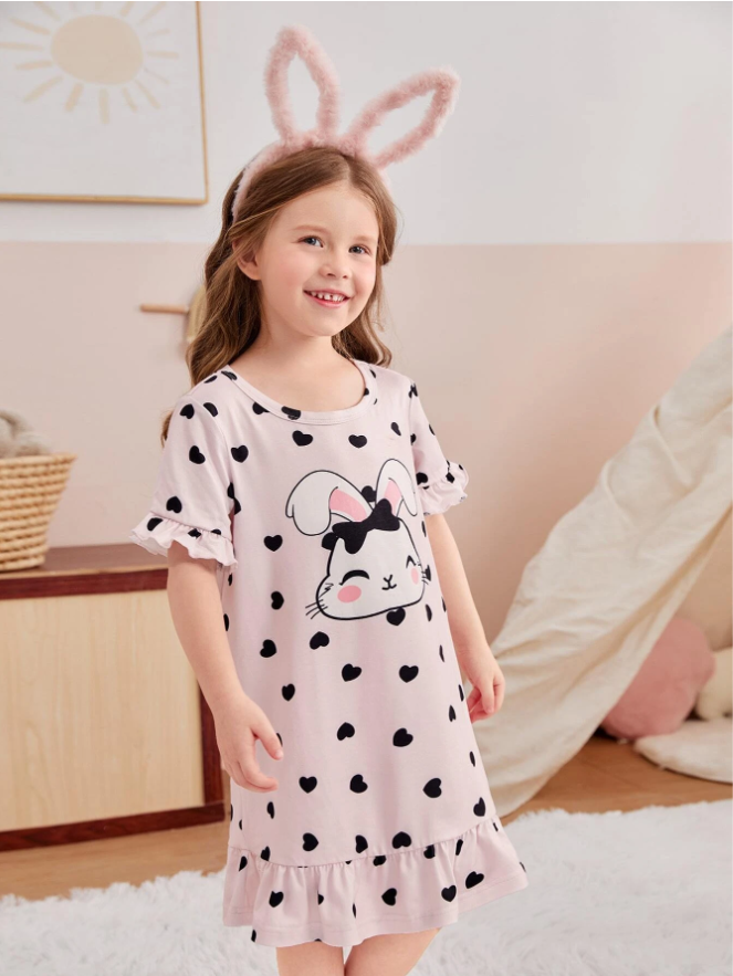 Toddler Girls Heart & Cartoon Graphic Ruffle Hem Nightdress