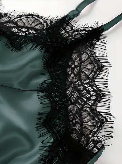 Lace Trim Satin Cami Top & Shorts PJ Set (Green)