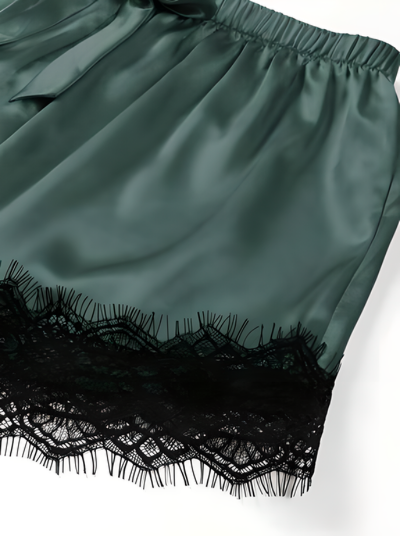 Lace Trim Satin Cami Top & Shorts PJ Set (Green)