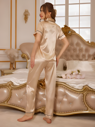 Silk-Like Pure Color Pocket & Embroidered Short Sleeve Pajama Set