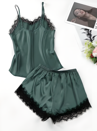 Lace Trim Satin Cami Top & Shorts PJ Set (Green)