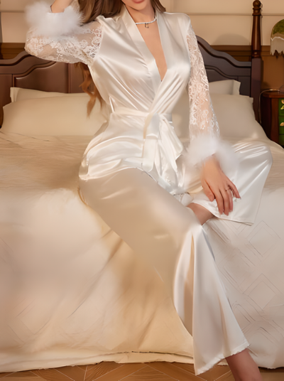 Ladies' Lace Patchwork Plush Cuff Pajama Set