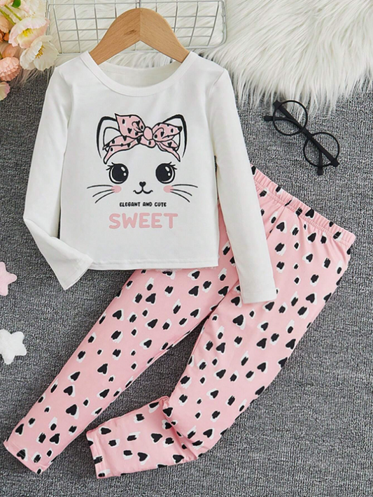Young Girl Cartoon & Letter Graphic Tee & Pants Snug Fit PJ Set