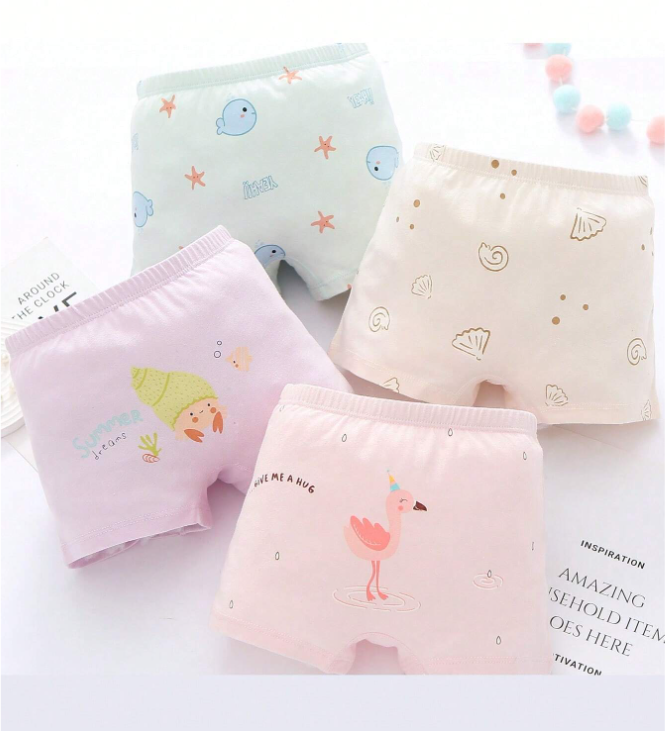 4pcs/set Girls' Cartoon Printed Boxer Shorts