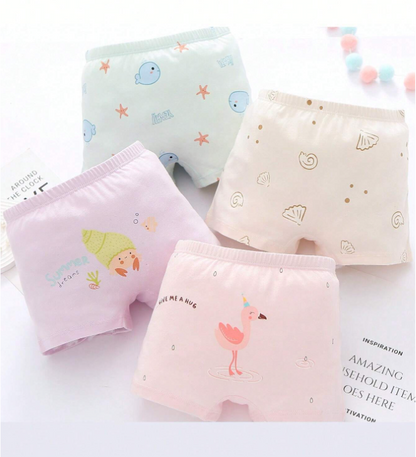 4pcs/set Girls' Cartoon Printed Boxer Shorts