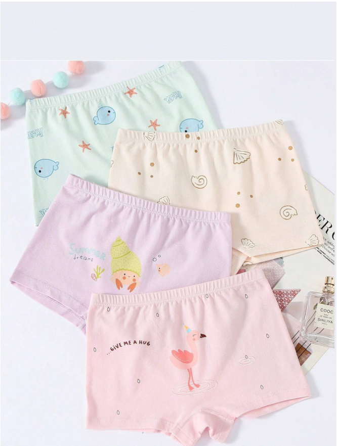 4pcs/set Girls' Cartoon Printed Boxer Shorts