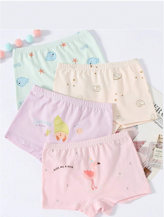 4pcs/set Girls' Cartoon Printed Boxer Shorts